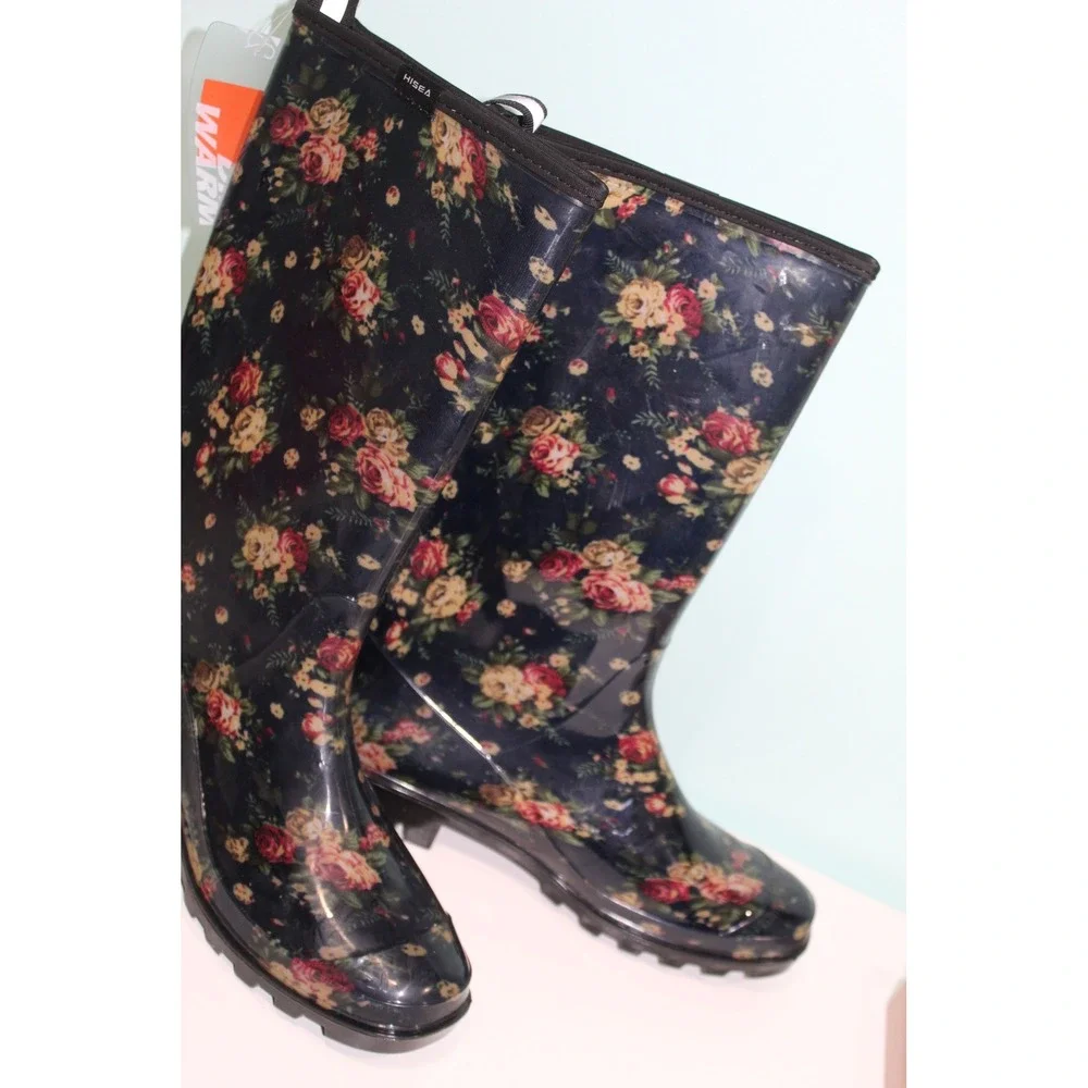 HISEA Womens Floral Print Waterproof Rubber Rain Boots Navy Blue Rose Size 9